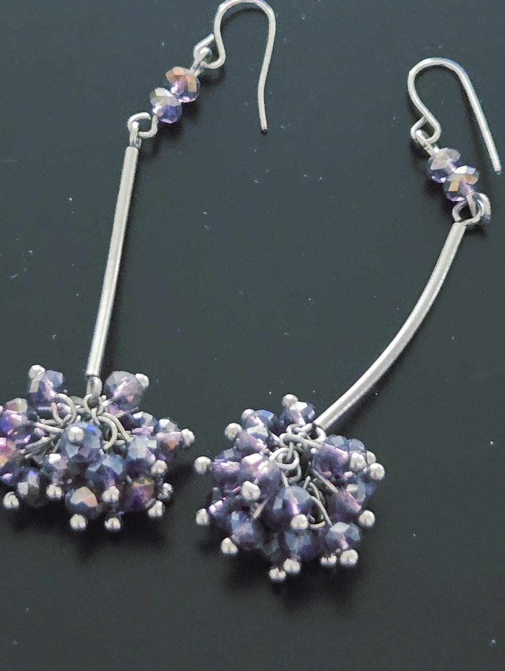 Purple Crystal Cluster Drop Earrings - Silver Tone